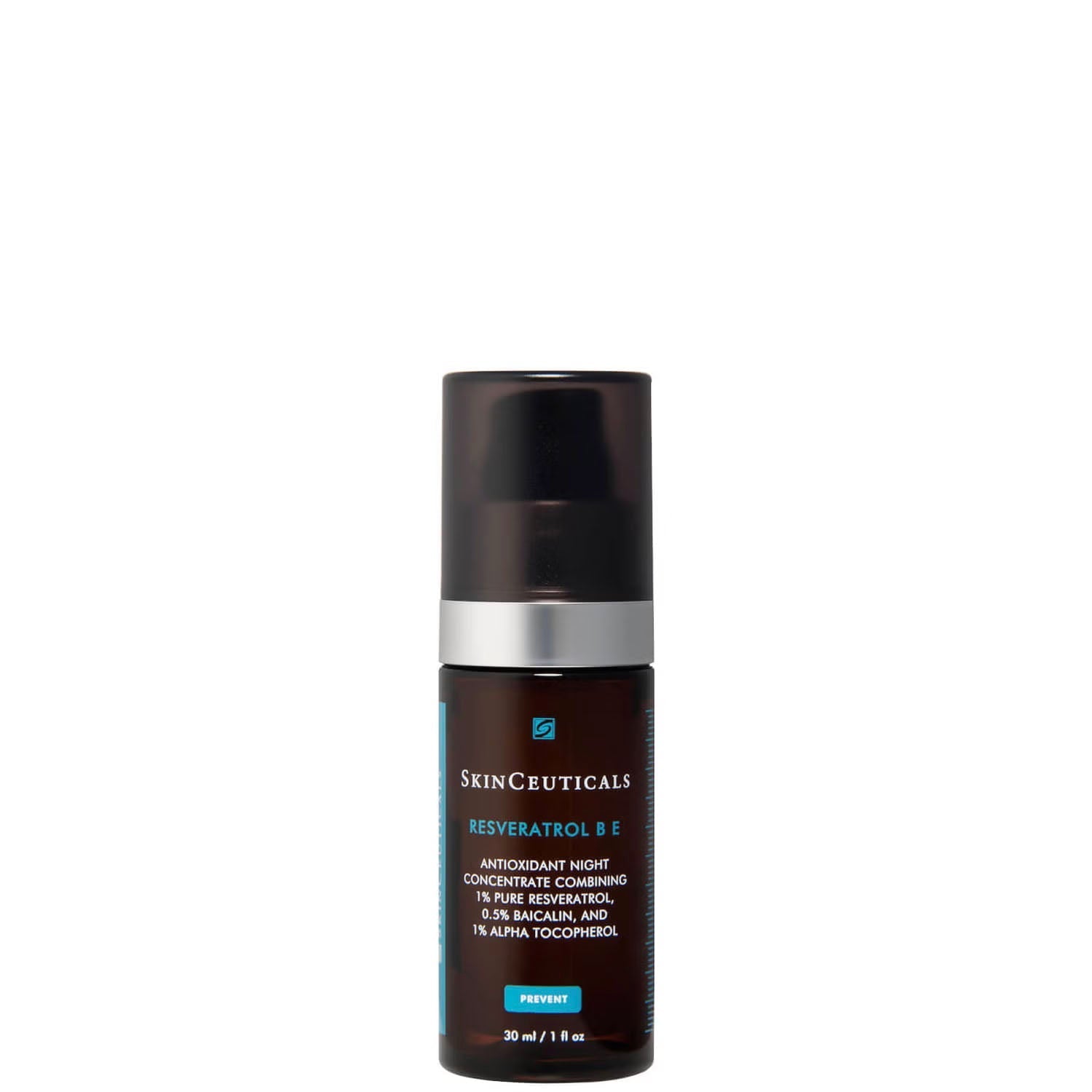 SkinCeuticals Resveratrol B E 30ml pump bottle — nighttime antioxidant serum with resveratrol, baicalin, and vitamin E for radiance and firmness