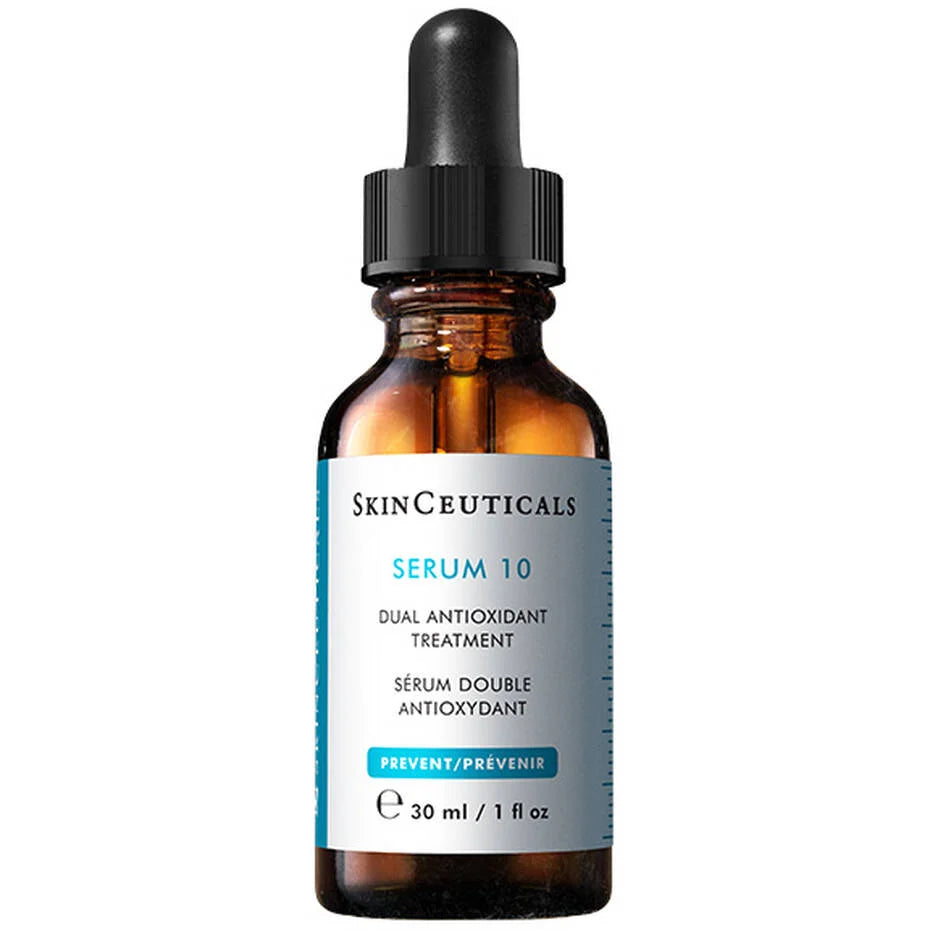 SkinCeuticals Serum 10 AOX+ bottle labeled 10% L-ascorbic acid 0.2% ferulic acid suitable for sensitive skin