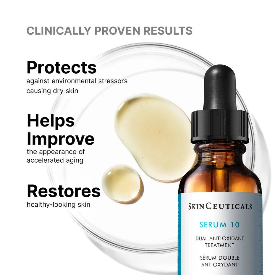 SkinCeuticals Serum 10 AOX+ shown as a dual antioxidant treatment, protects and restores healthy-looking skin.