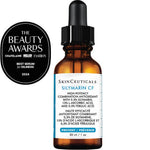 SkinCeuticals Silymarin CF bottle labeled 15% L-ascorbic acid oil-free vitamin C serum with silymarin ferulic and salicylic acids