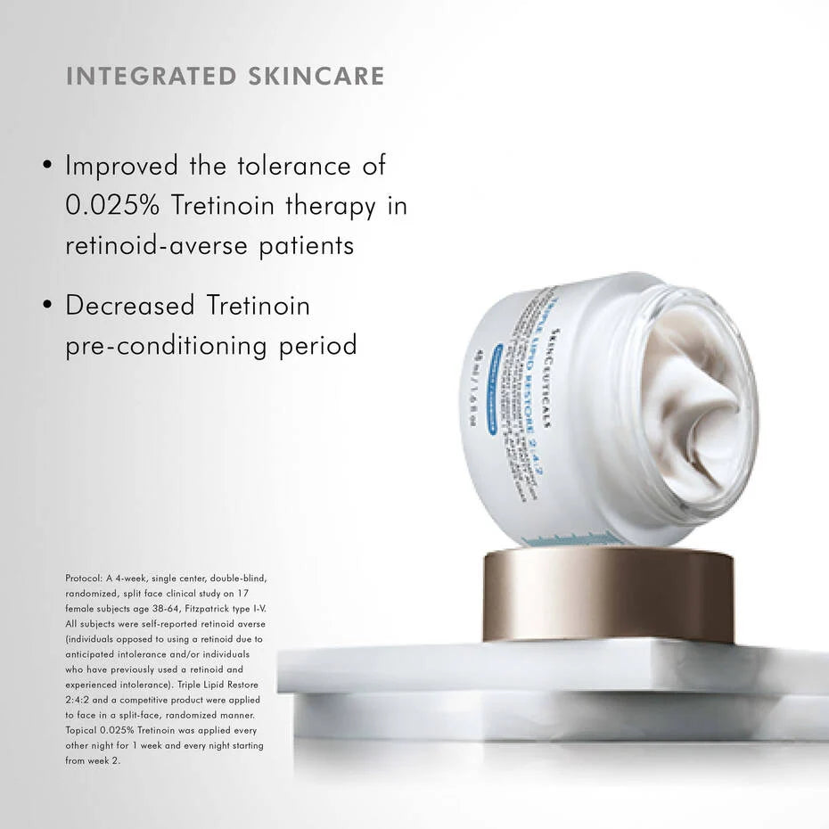 SkinCeuticals Triple Lipid Restore 2:4:2 anti-aging cream in jar on display with skincare information.