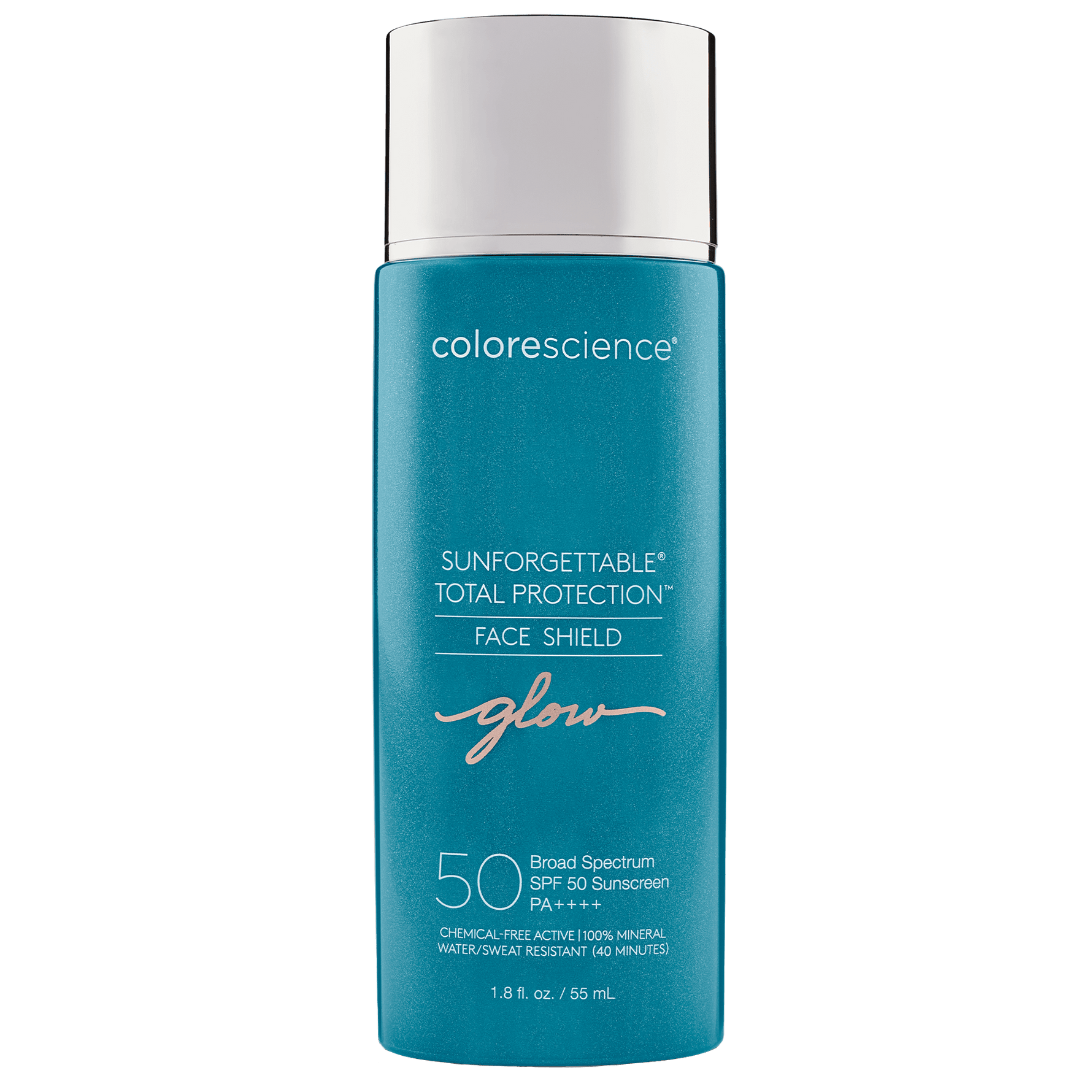 Sunforgettable Total Protection Face Shield Glow SPF 50 tube with pearlescent illuminating finish and mineral SPF label