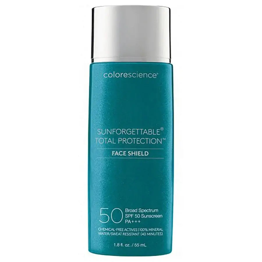 Sunforgettable Total Protection Face Shield SPF 50 -Global mineral sunscreen in a teal bottle, offering UV protection.