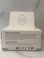 The Skin Pantry Clean Towels package featuring information about product features and certifications.