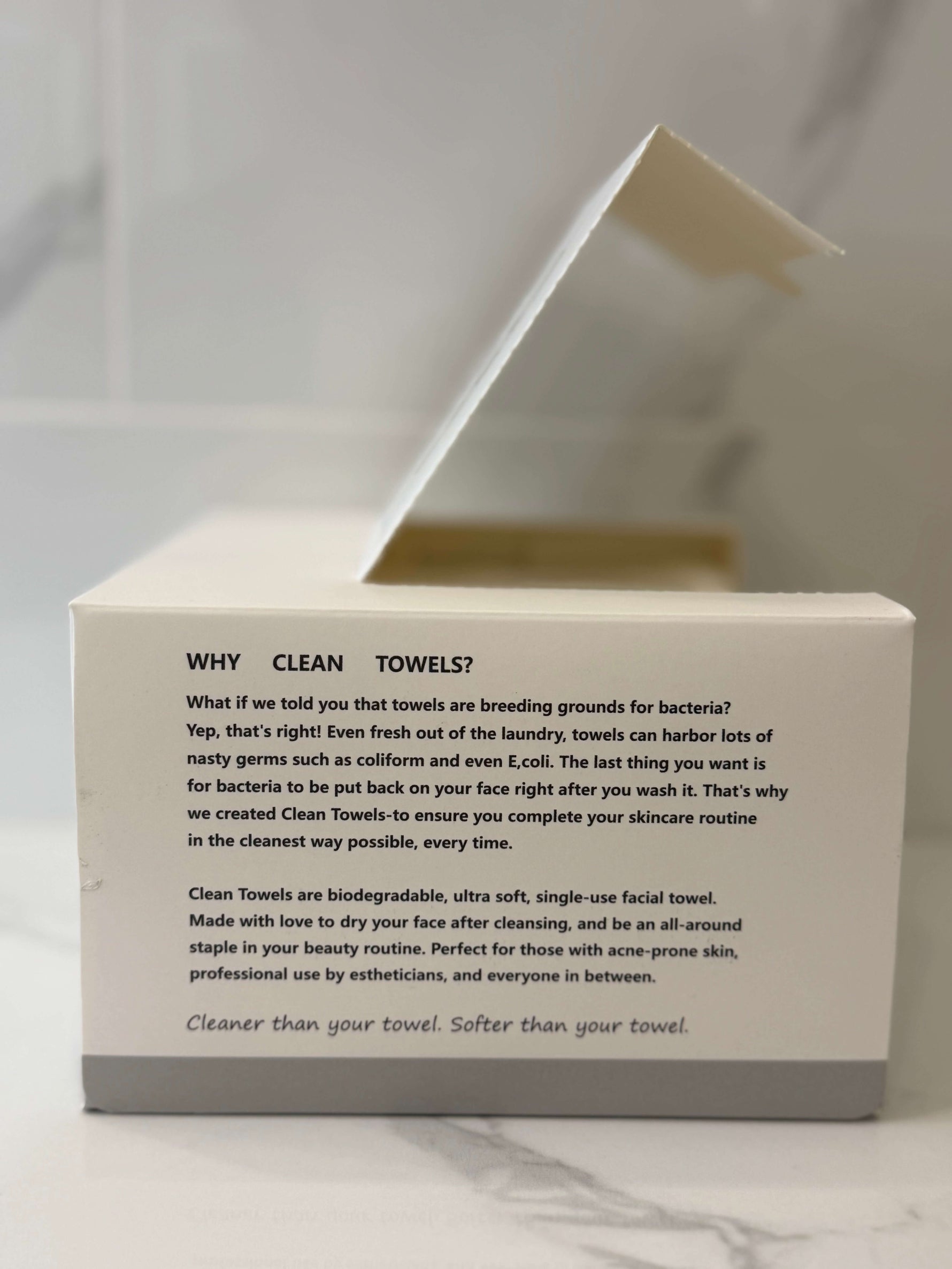 The Skin Pantry Clean Towels package explaining benefits of single-use towels for skincare.