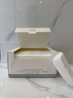 The Skin Pantry Clean Towels XL packaging opened, showcasing ultra-soft, biodegradable 30 count clean towels.