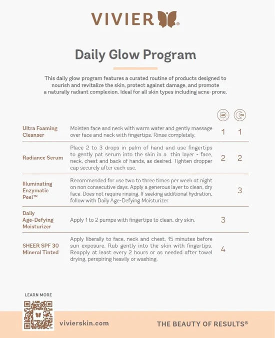 Vivier Daily Glow Program product guide showing steps for achieving a radiant complexion with skincare routine.