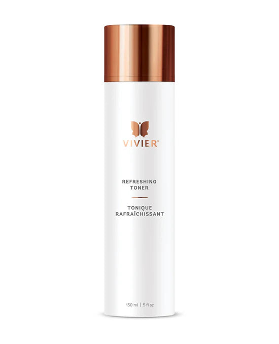 Vivier Refreshing Toner bottle labeled alcohol-free hydrating mild exfoliating clinical packaging