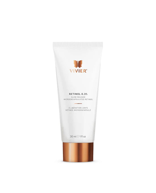 Vivier Retinol 0.3% bottle labeled targeted nighttime retinol treatment for smoothing texture and refining pores