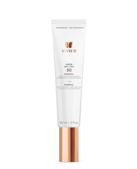 Vivier SHEER SPF 30 Mineral sunscreen tube labeled broad-spectrum lightweight sheer finish travel-friendly