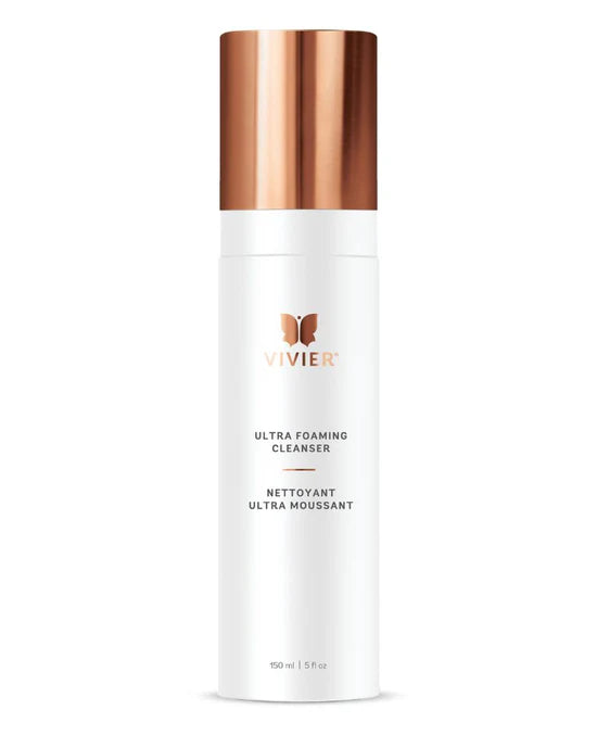 Vivier Ultra Foaming Cleanser bottle with white pump and visible foam labeled for combination to sensitive skin