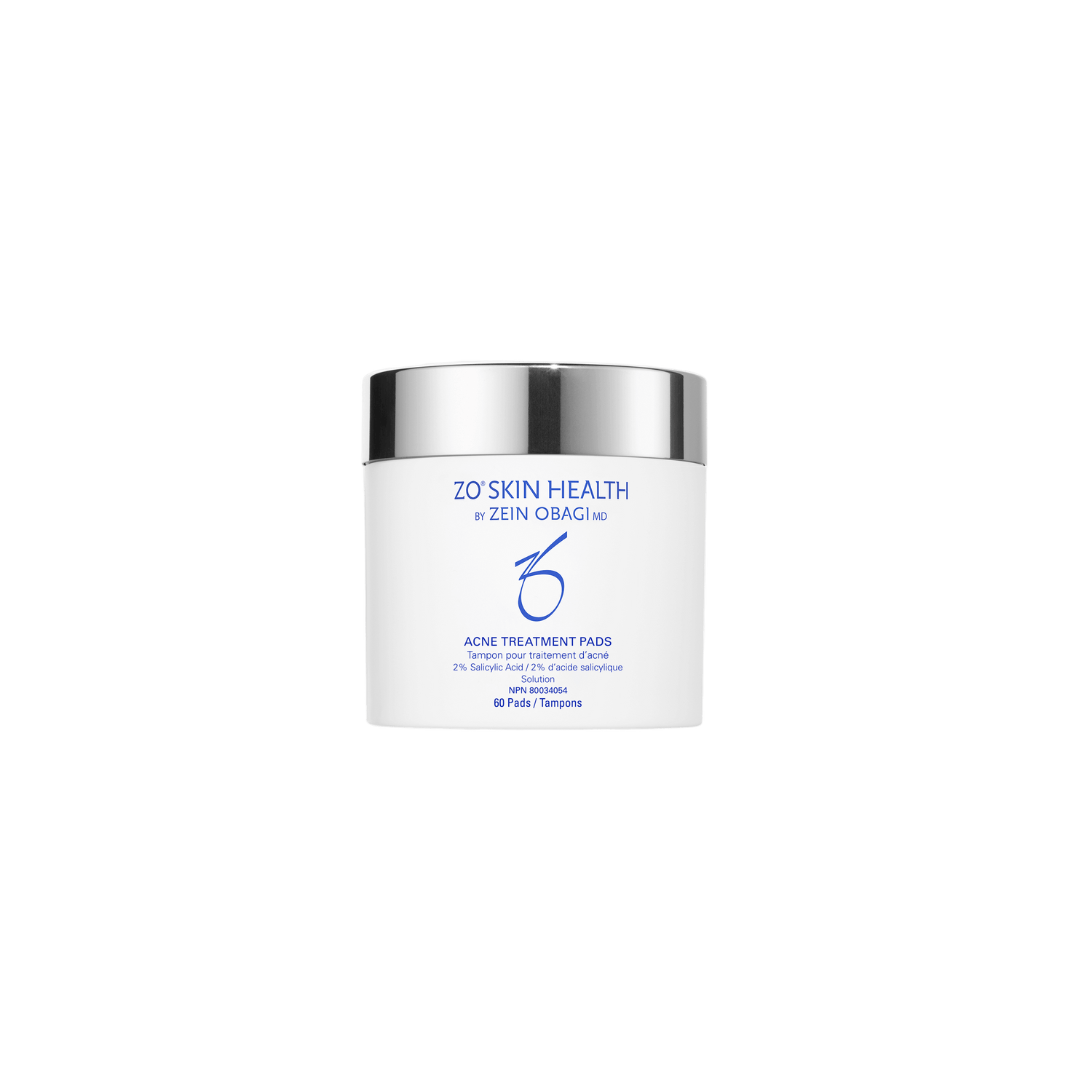 ZO Acne Treatment Pads container labeled 2% Salicylic Acid with an individual exfoliating pad for oily and acne prone skin