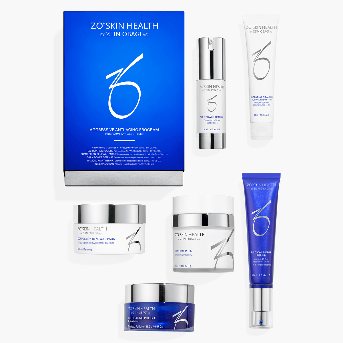 ZO Aggressive Anti-Aging Program 6-piece kit with 60mL cleanser 30 pads and 50mL Renewal Crème