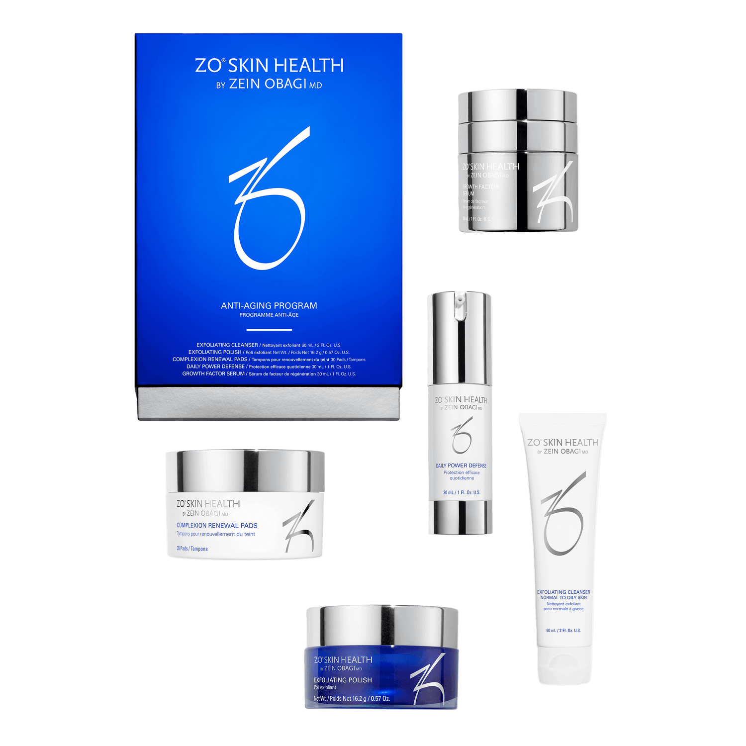 ZO Anti-Aging Program kit with targeted serum bottle and travel-size repair tubes clinical white packaging