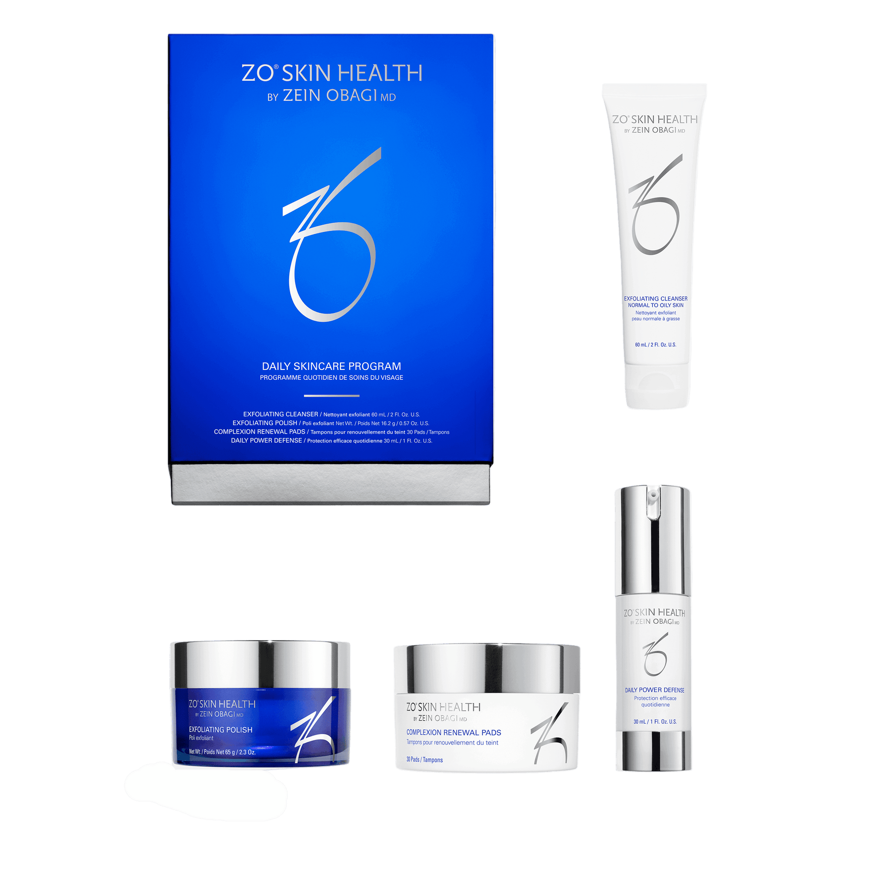 ZO Daily Skincare Program kit with four labeled bottles for cleanse exfoliate tone protect travel friendly