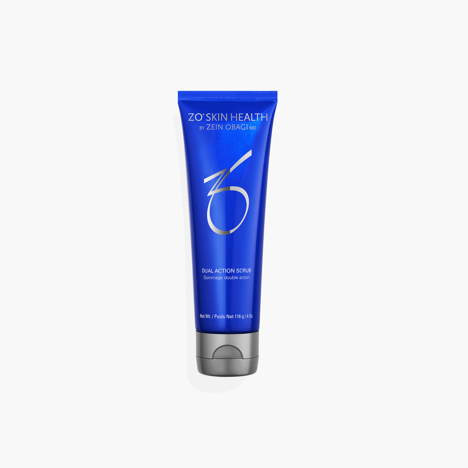 ZO Dual Action Scrub 116 g tube labeled dual physical and chemical exfoliant for face and body