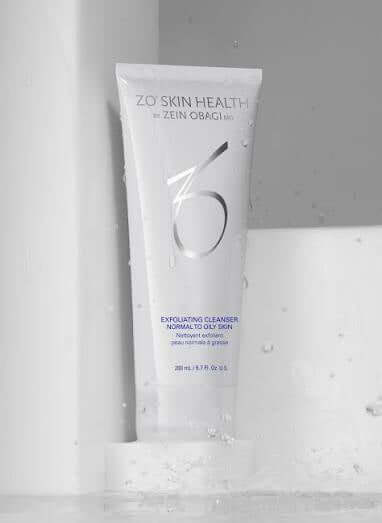 ZO Exfoliating Cleanser in a white tube with exfoliating beads to refresh and unclog pores.