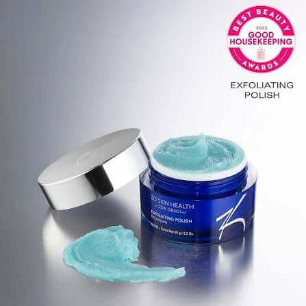 ZO Exfoliating Polish in a blue jar with a silver lid and exfoliating product shown