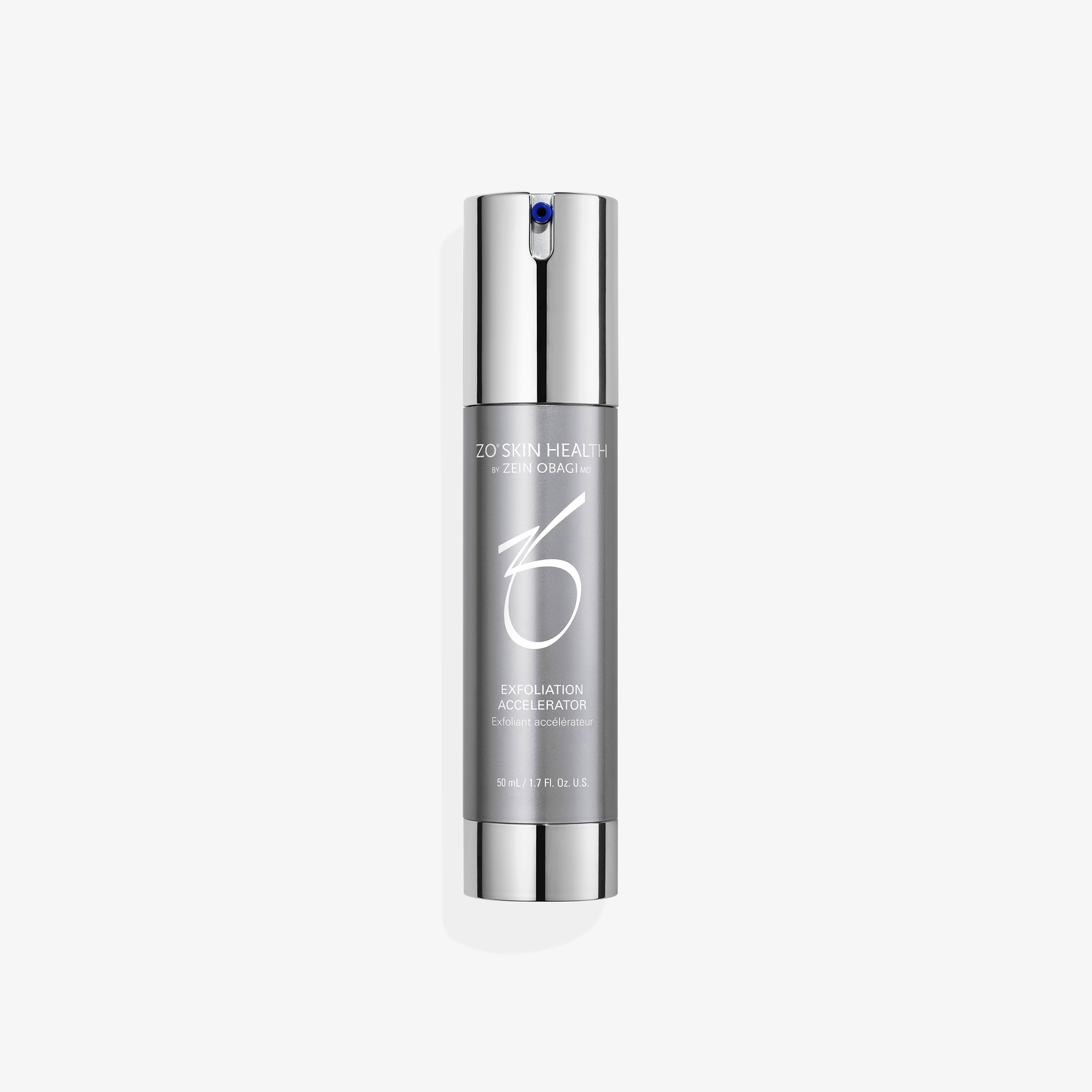 ZO Exfoliation Accelerator bottle with silver and gray packaging, designed to refine skin texture and brighten tone.