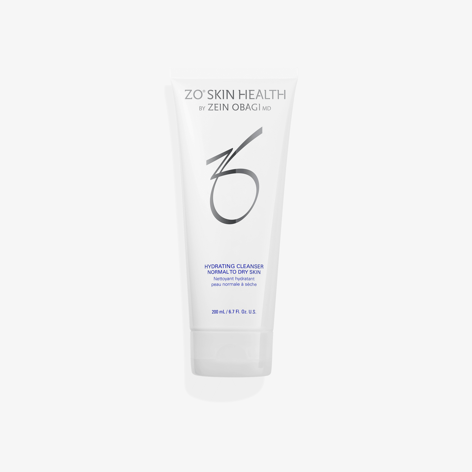 ZO Hydrating Cleanser tube with creamy white texture and label indicating hydration for dry sensitive skin