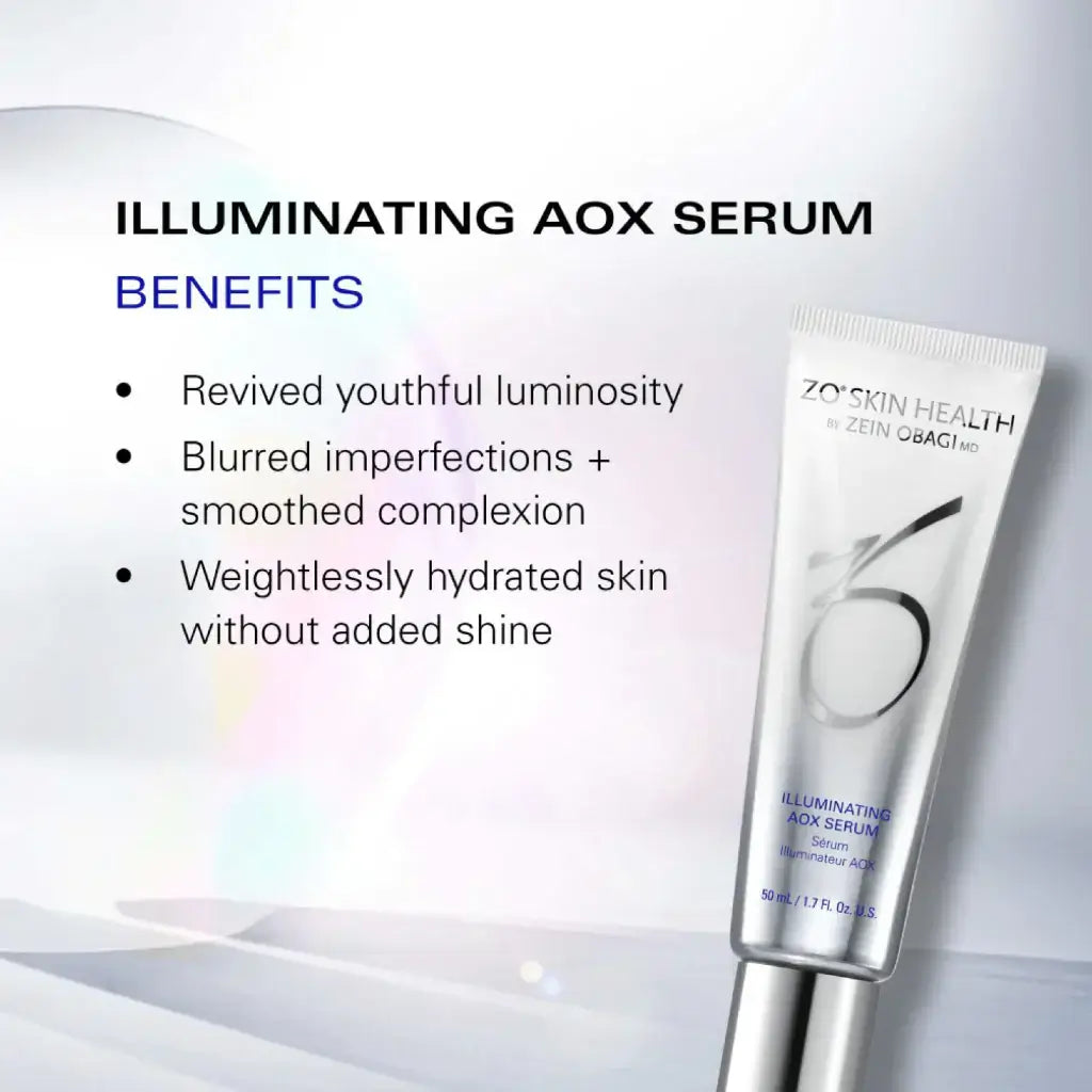 ZO Illuminating AOX serum benefits including revived luminosity and smoothed complexion.
