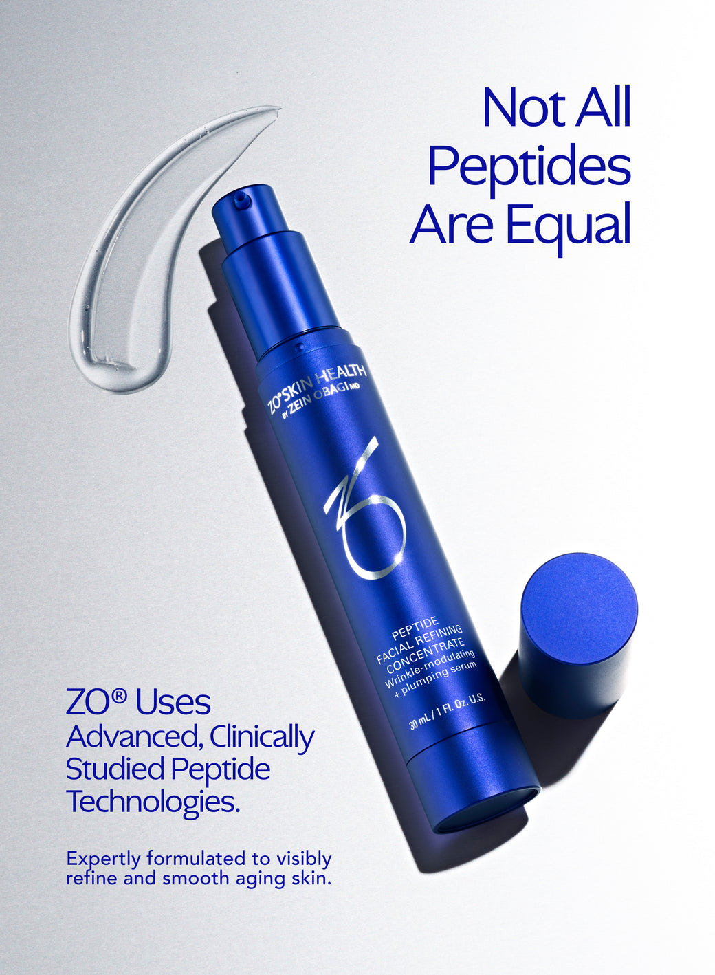 ZO Peptide Facial Refining Concentrate in a blue bottle with serum, promoting visible skin refinement.