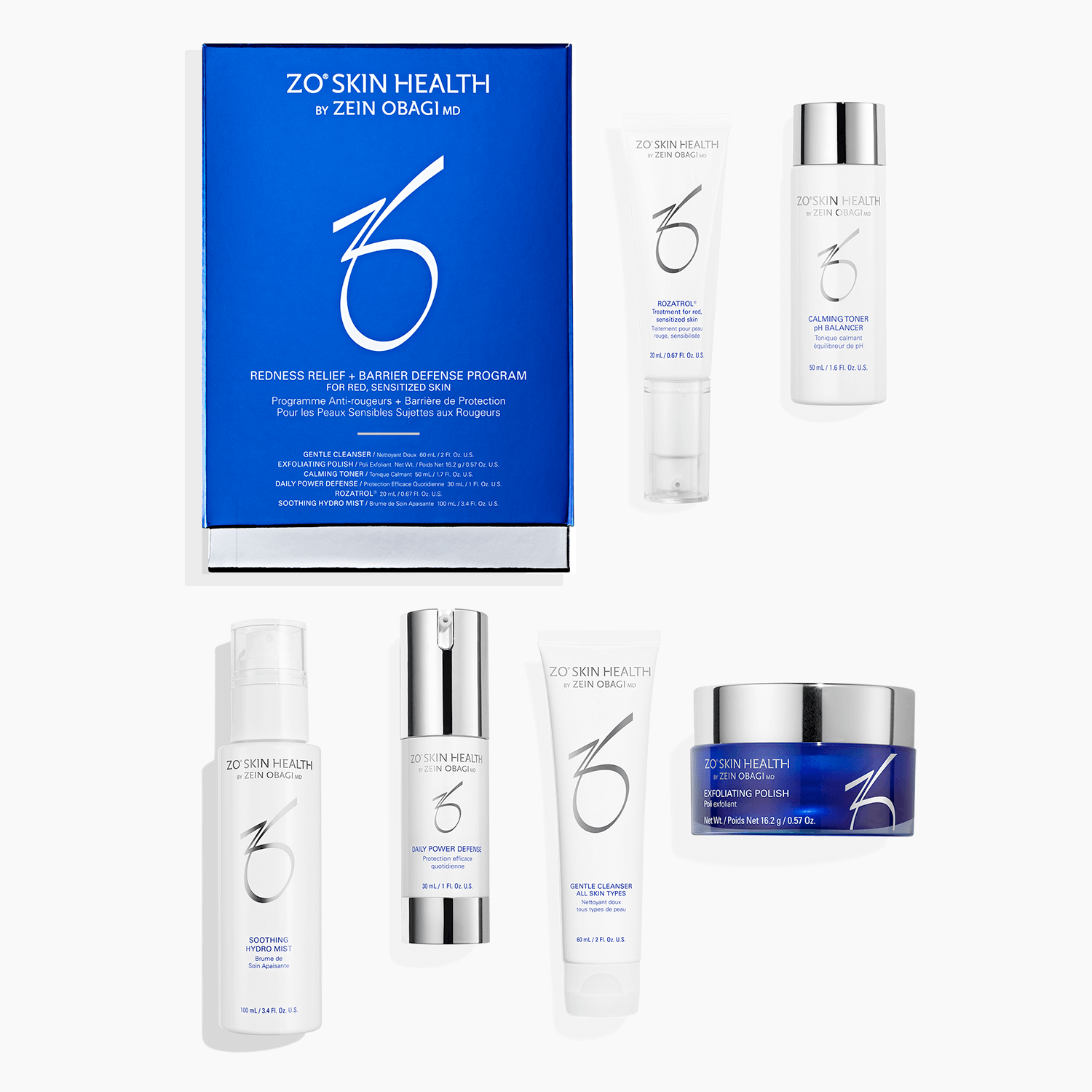 ZO Redness Relief + Barrier Defense Program six-piece set with 20mL Rozatrol 60mL cleanser and 100mL soothing hydro mist