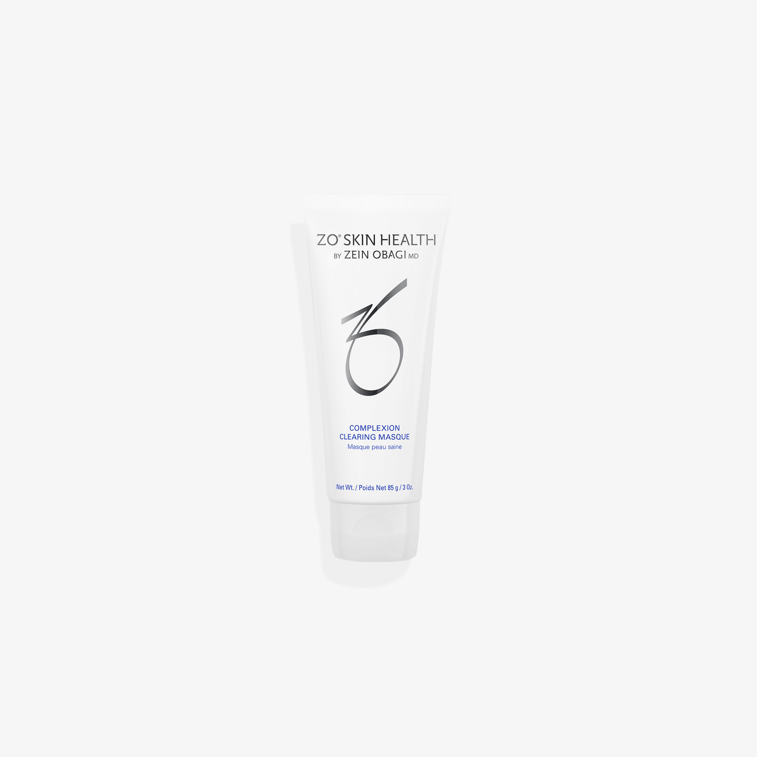 ZO Complexion Clearing Masque tube packaging on a white background for acne treatment and skin cleansing.
