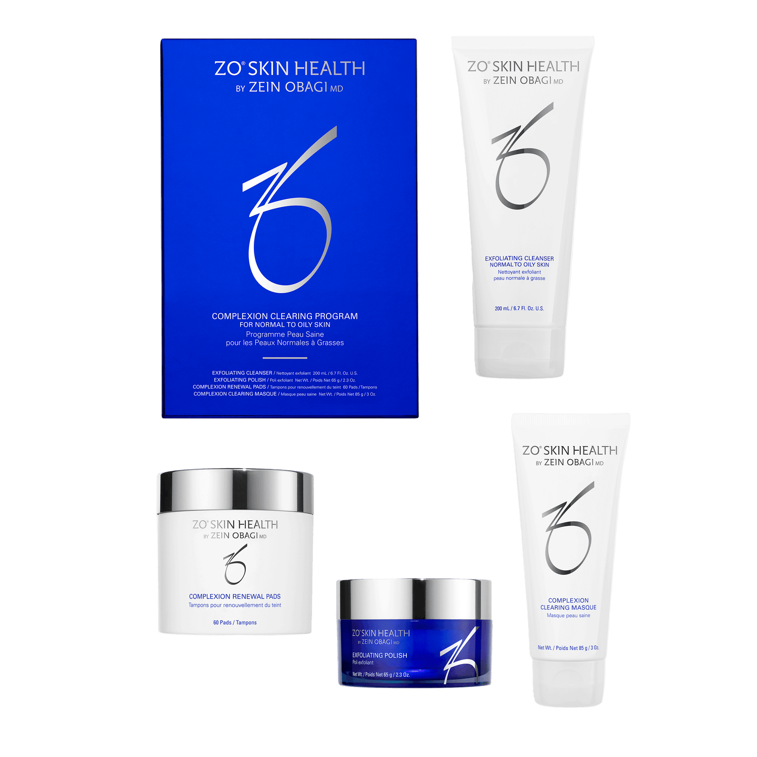 ZO Complexion Clearing Program kit with four travel size bottles labeled cleanser exfoliant toner and mask for oily combination skin
