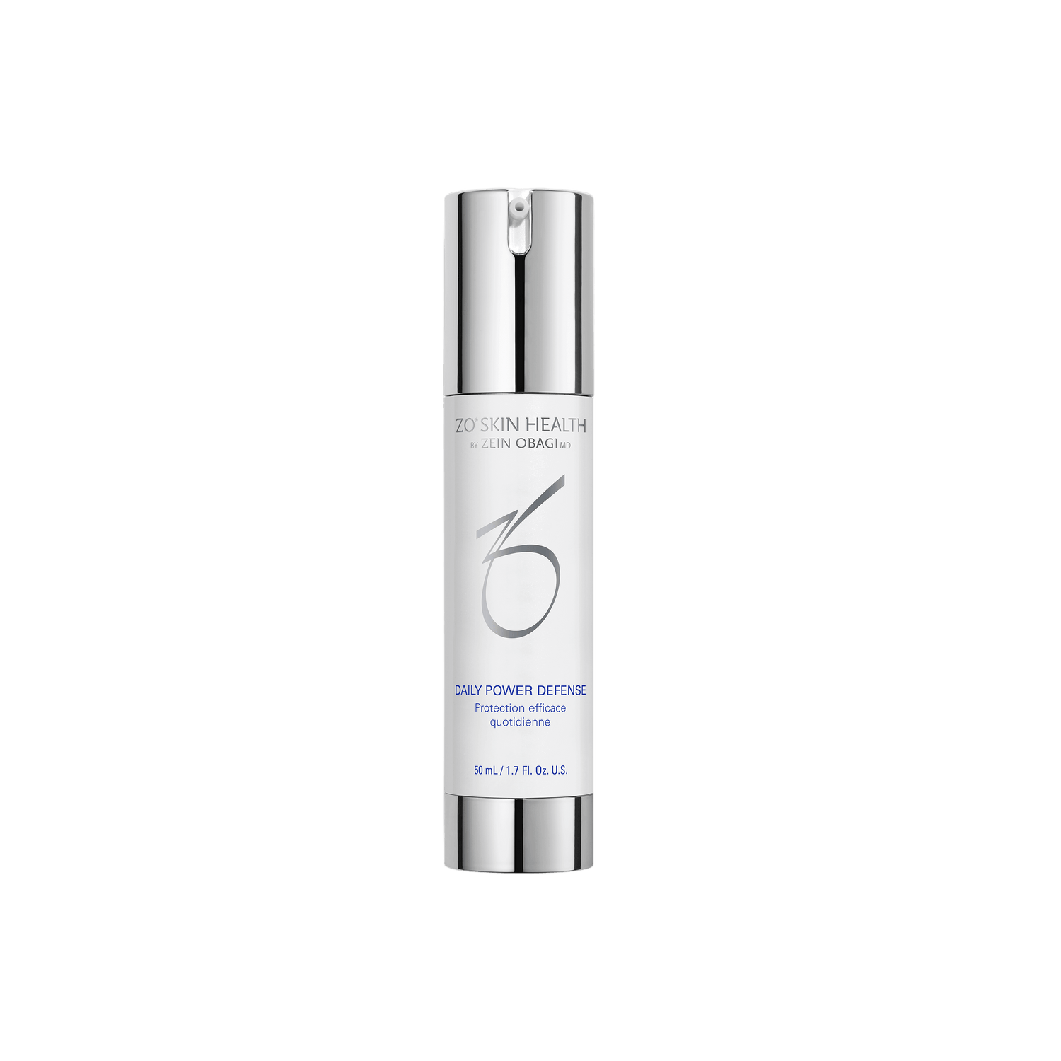 ZO Daily Power Defense serum bottle with dropper labeled antioxidant barrier strengthening formula for dry normal sensitive skin