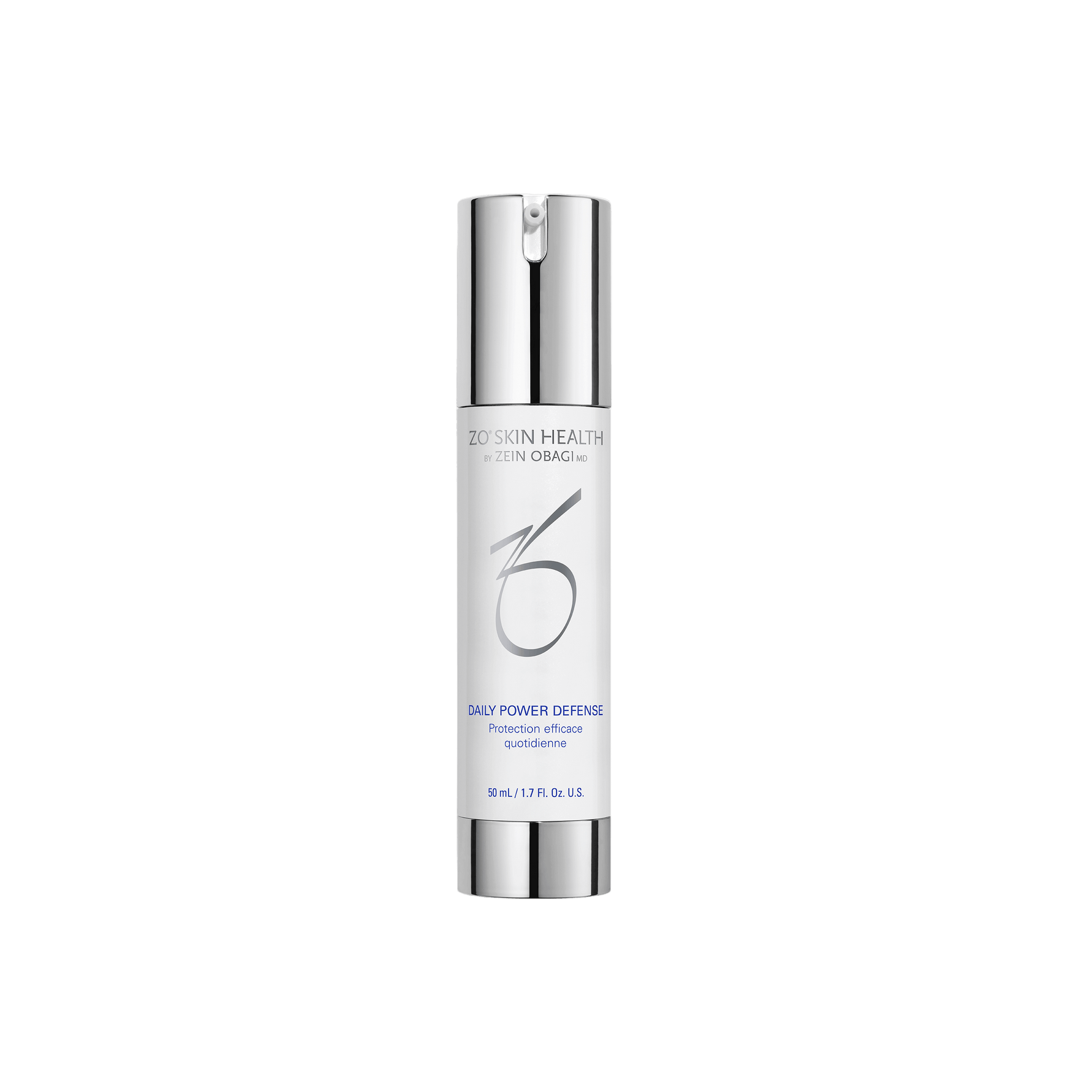 ZO Daily Power Defense serum bottle with dropper labeled antioxidant barrier strengthening formula for dry normal sensitive skin